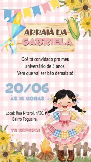 Convite de Festa Junina Rosa Menina Caipira Editável