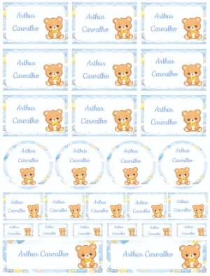 Kit de Etiquetas Ursinho Fofo Azul e Amarelo Modelo Editável