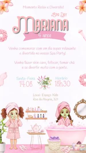 Convite de Aniversário Spa Day Rosa Editável para Meninas