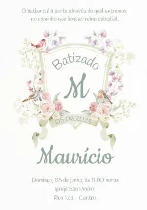 Convite de Batizado Floral com Passarinhos para Editar Online