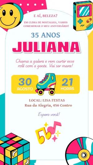 Convite de Aniversário Retrô Anos 90 Colorido para Editar