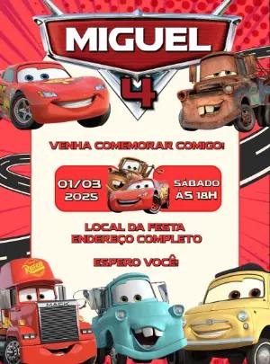 Convite de Aniversário Carros com Personagens para Editar
