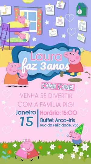 Convite de Aniversário Peppa Pig Infantil para Editar