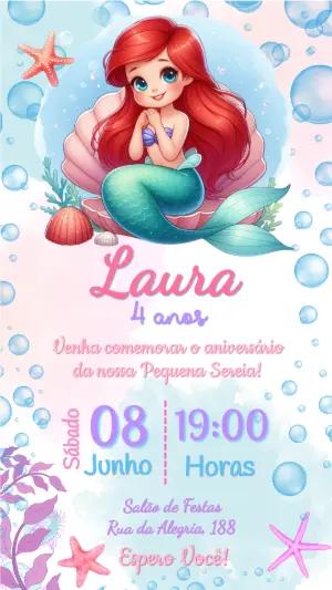 Convite de Aniversário Sereia Ariel Fofo para Editar