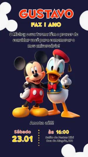 Convite de Aniversário Mickey e Pato Donald Modelo Editável