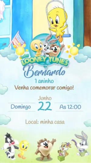 Convite Animado Aniversário Baby Looney Tunes para Editar