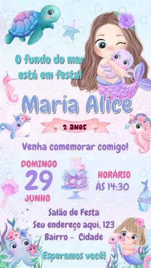 Convite Aniversário Sereia Fundo do Mar para Editar Online