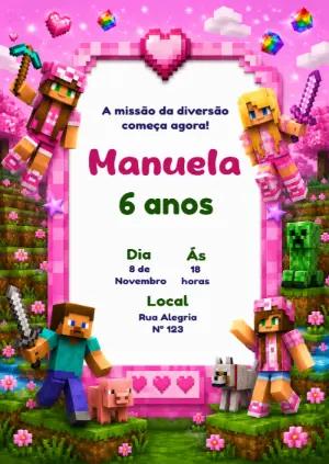 Convite de Aniversário Minecraft Menina Rosa para Editar