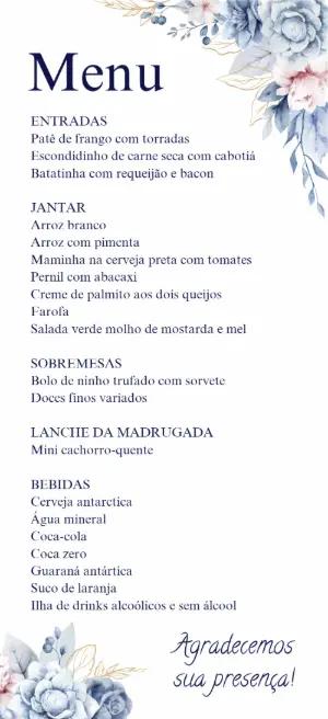 Menu Casamento Floral Azul Serenity para Editar Online