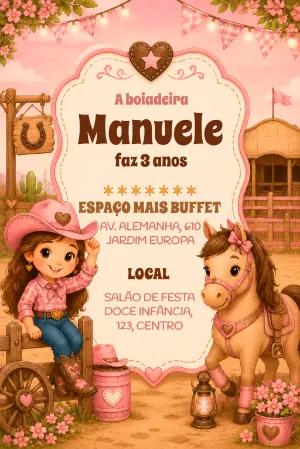 Convite Boiadeira Rosa para Aniversário | Modelo Editável