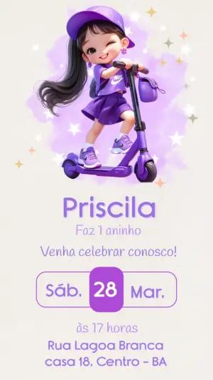 Convite de Aniversário Menina no Patinete Roxo para Editar