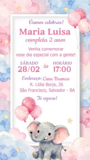 Convite de Aniversário Elefantinho Aquarela Rosa e Azul Editável