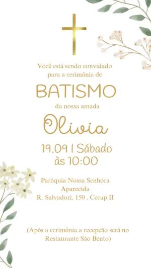 Convite de Batismo Elegante Floral Dourado Editável