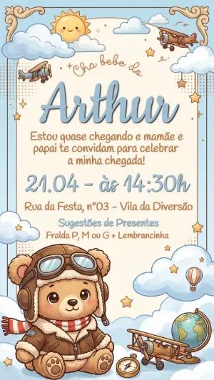 Convite Chá de Bebê Ursinho Aviador Menino para Editar
