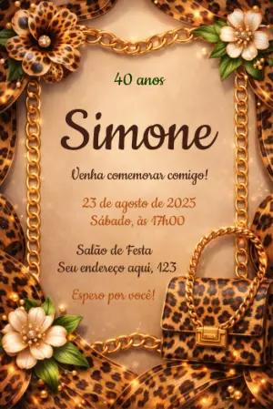 Convite de Aniversário Animal Print Dourado Editável
