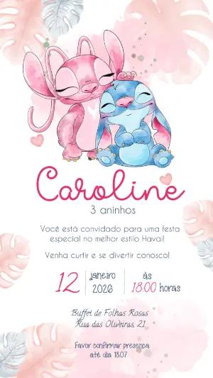 Convite de Aniversário Stitch e Angel Aquarela Editável