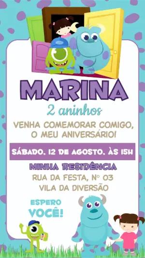 Convite de Aniversário Monstros SA Menina Modelo Editável