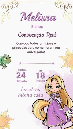 Convite Digital Aniversário Rapunzel Lilás e Dourado Editável