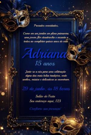 Convite 15 Anos Baile de Máscaras Azul e Dourado Editável