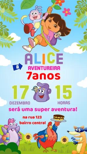 Convite de Aniversário Dora Aventureira Colorido para Editar