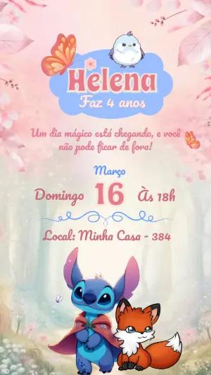 Convite de Aniversário Fofo Stitch e Raposa Modelo Editável