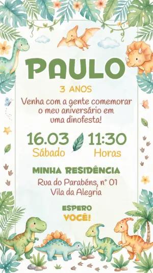 Convite de Aniversário Dinossauro Fofo Aquarela para Editar