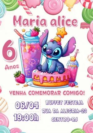 Convite Aniversário Stitch Doces para Editar Online
