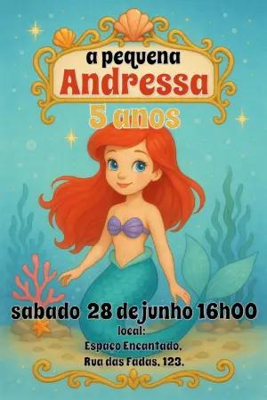 Convite Aniversário Pequena Sereia Ariel para Editar Online