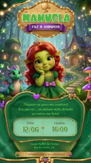 Convite Animado de Aniversário Shrek Fiona para Editar