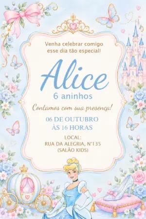 Convite de Aniversário Cinderela Princesa para Editar
