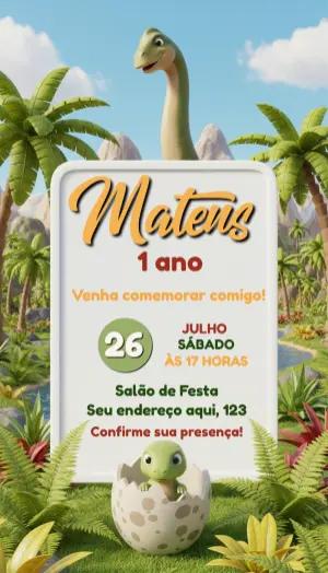 Convite de Aniversário Dinossauro Baby 3D Editável
