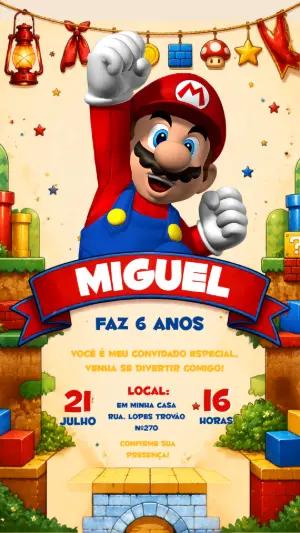 Convite de Aniversário Super Mario: Modelo Digital para Editar