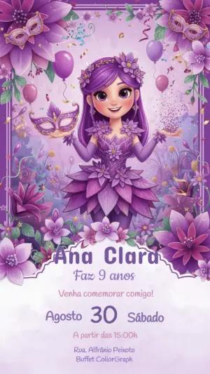 Convite Digital Festa Fantasia Floral Lilás Editável