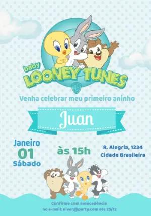 Convite de Aniversário Baby Looney Tunes Azul para Editar