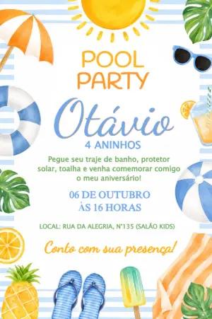 Convite Digital Aniversário Festa na Piscina Menino para Editar