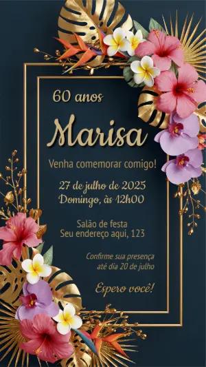Convite Aniversário Tropical com Flores Douradas para Editar