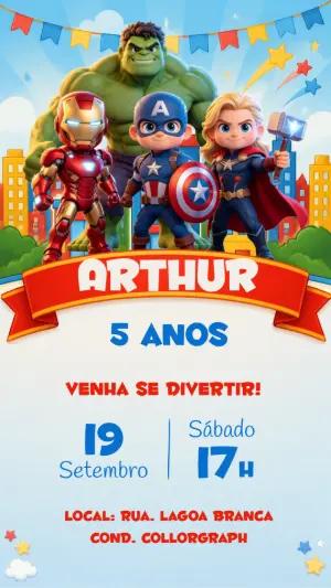 Convite de Aniversário Vingadores Cute Modelo Editável