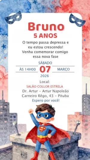 Convite de Aniversário Super-Herói Aquarela para Editar