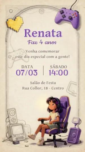 Convite de Aniversário Gamer Girl Roxo para Editar