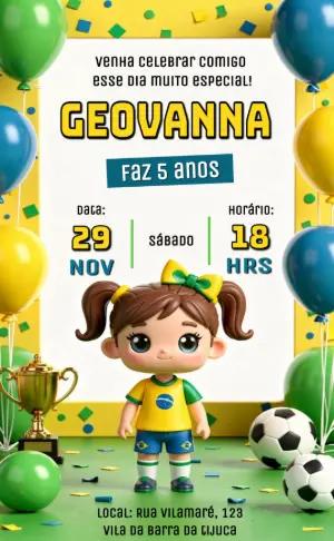Convite de Aniversário Futebol Brasil Menina Editável