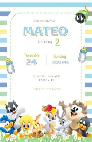 Editable Baby Looney Tunes Birthday Invitation Template