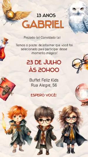 Convite de Aniversário Tema Bruxo Aquarela Editável