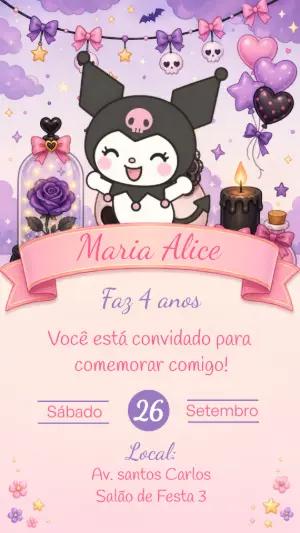 Convite de Aniversário Kuromi Roxo e Rosa para Editar