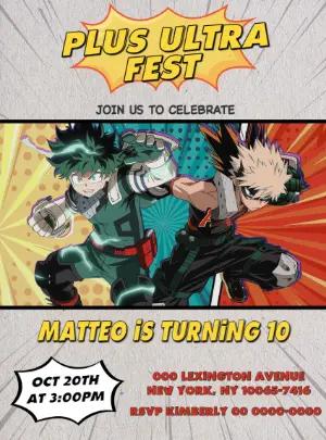 Editable Anime Birthday Invitation - Plus Ultra Fest Theme