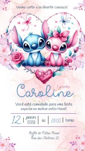 Convite de Aniversário Stitch e Angel Aquarela para Editar