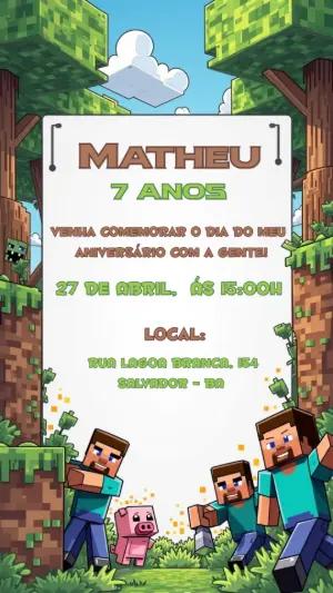 Convite de Aniversário Minecraft com Personagens para Editar Online