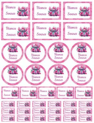 Kit de Etiquetas Escolares Stitch Rosa Fofo para Editar e Imprimir