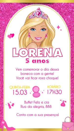 Convite de Aniversário Barbie Rosa com Glitter Editável