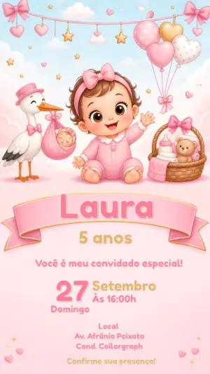 Convite Aniversário Cegonha Rosa para Menina | Modelo Editável