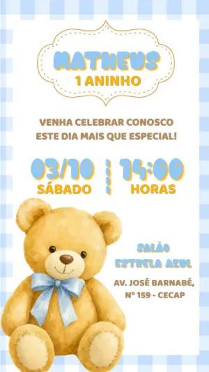 Convite Aniversário Ursinho Xadrez Azul para Editar
